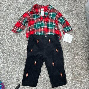 Little Me 3M Baby Holiday Outfit Flannel Shirt Corduroy Nutcracker Pants Set NWT